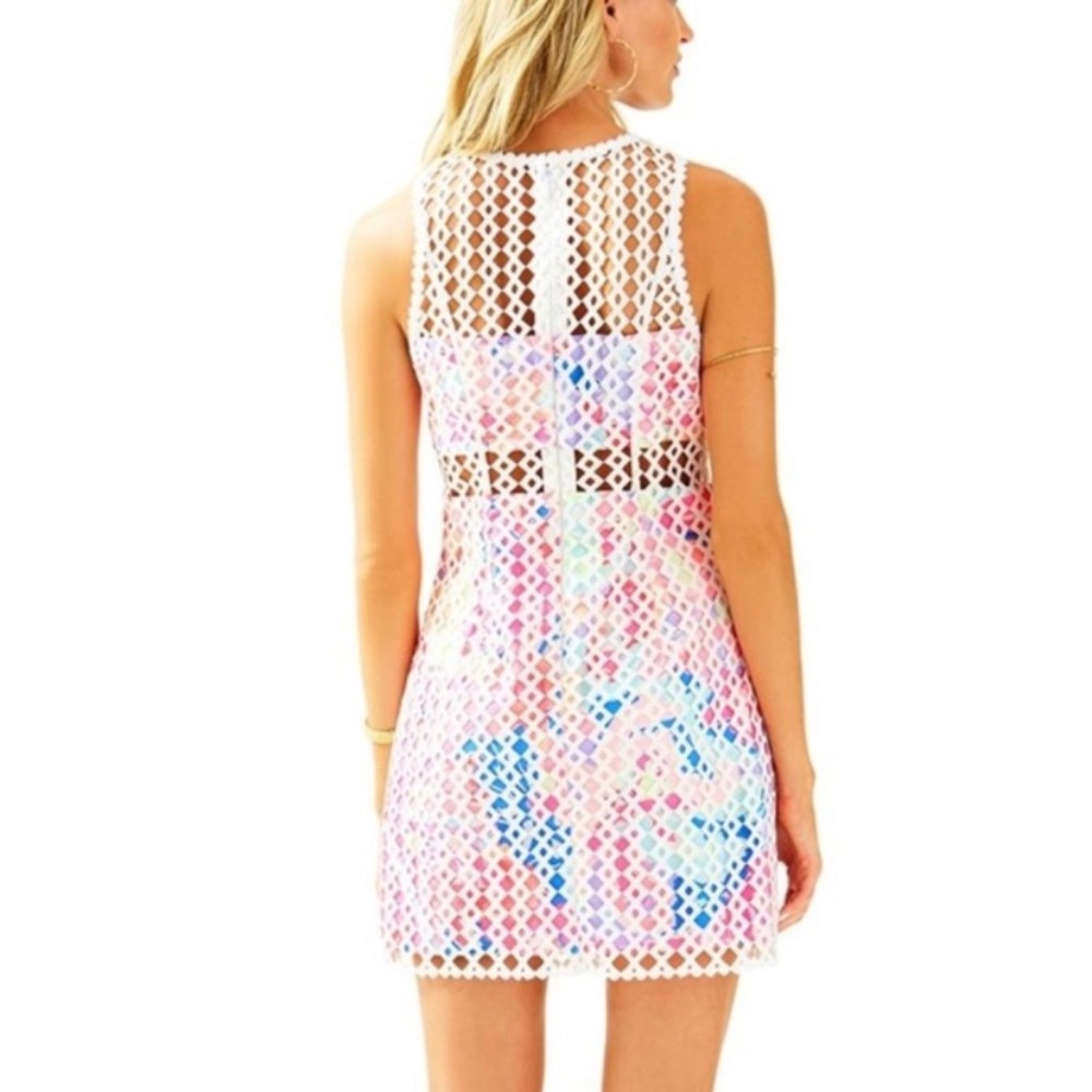 Lilly Pulitzer White Crochet Mini Dress with Pastel Multicolor Print - Picture 2 of 7